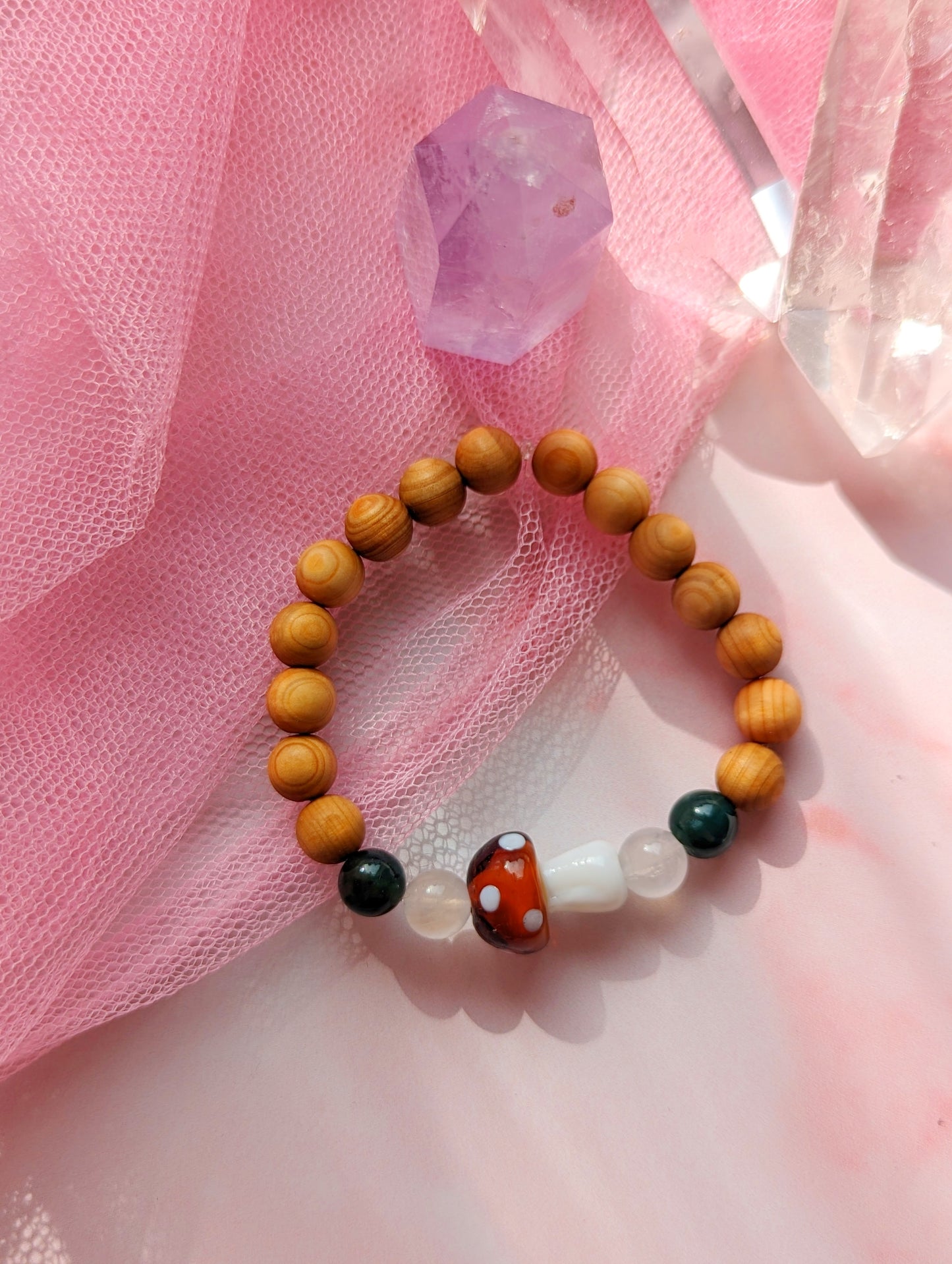 Mushroom, Moss Agate, Moonstone and Cedarwood Leaf Bracelet