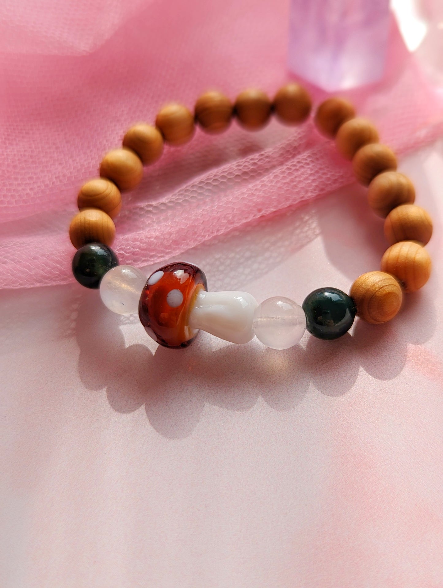 Mushroom, Moss Agate, Moonstone and Cedarwood Leaf Bracelet