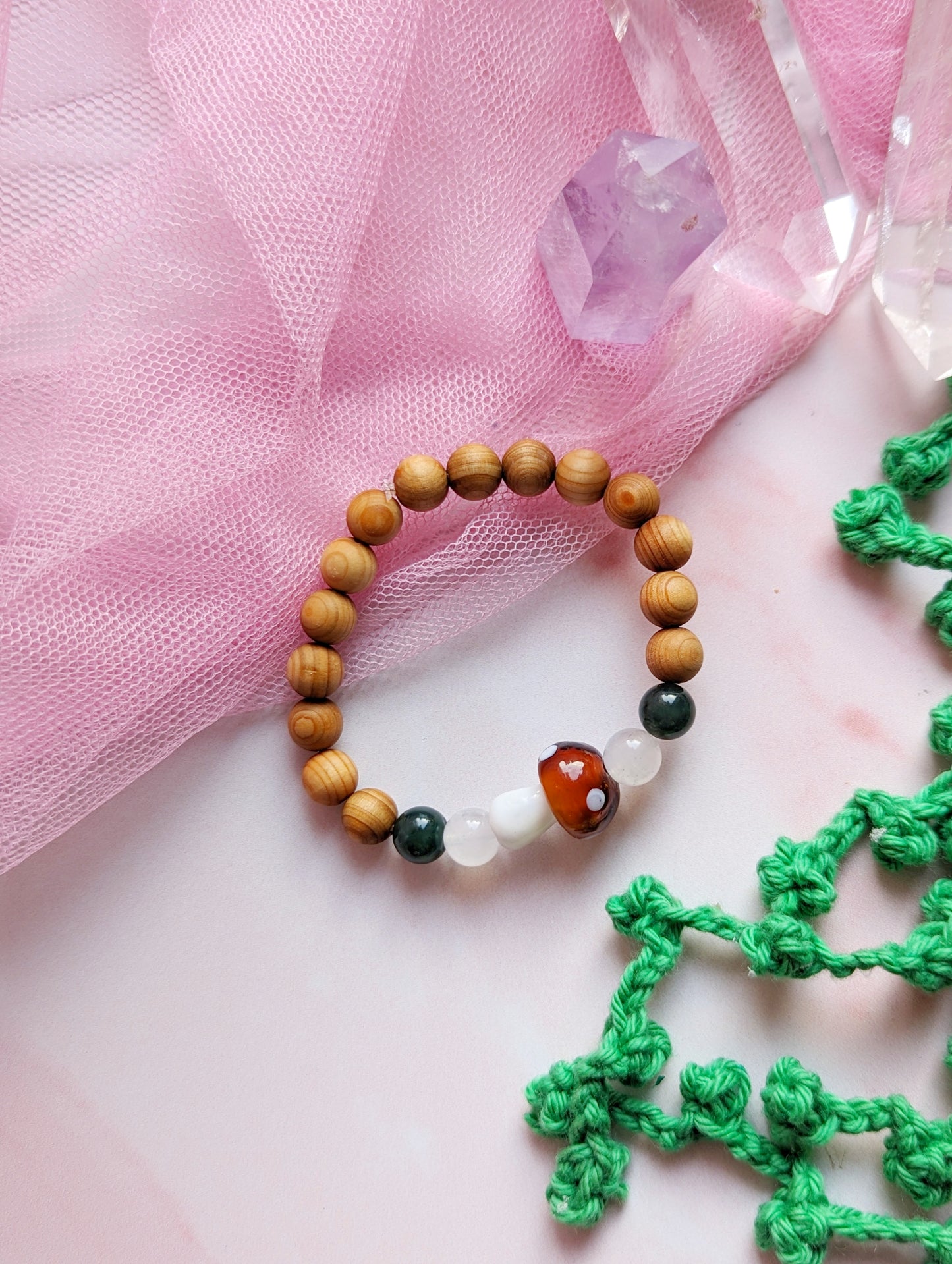 Mushroom, Moss Agate, Moonstone and Cedarwood Leaf Bracelet