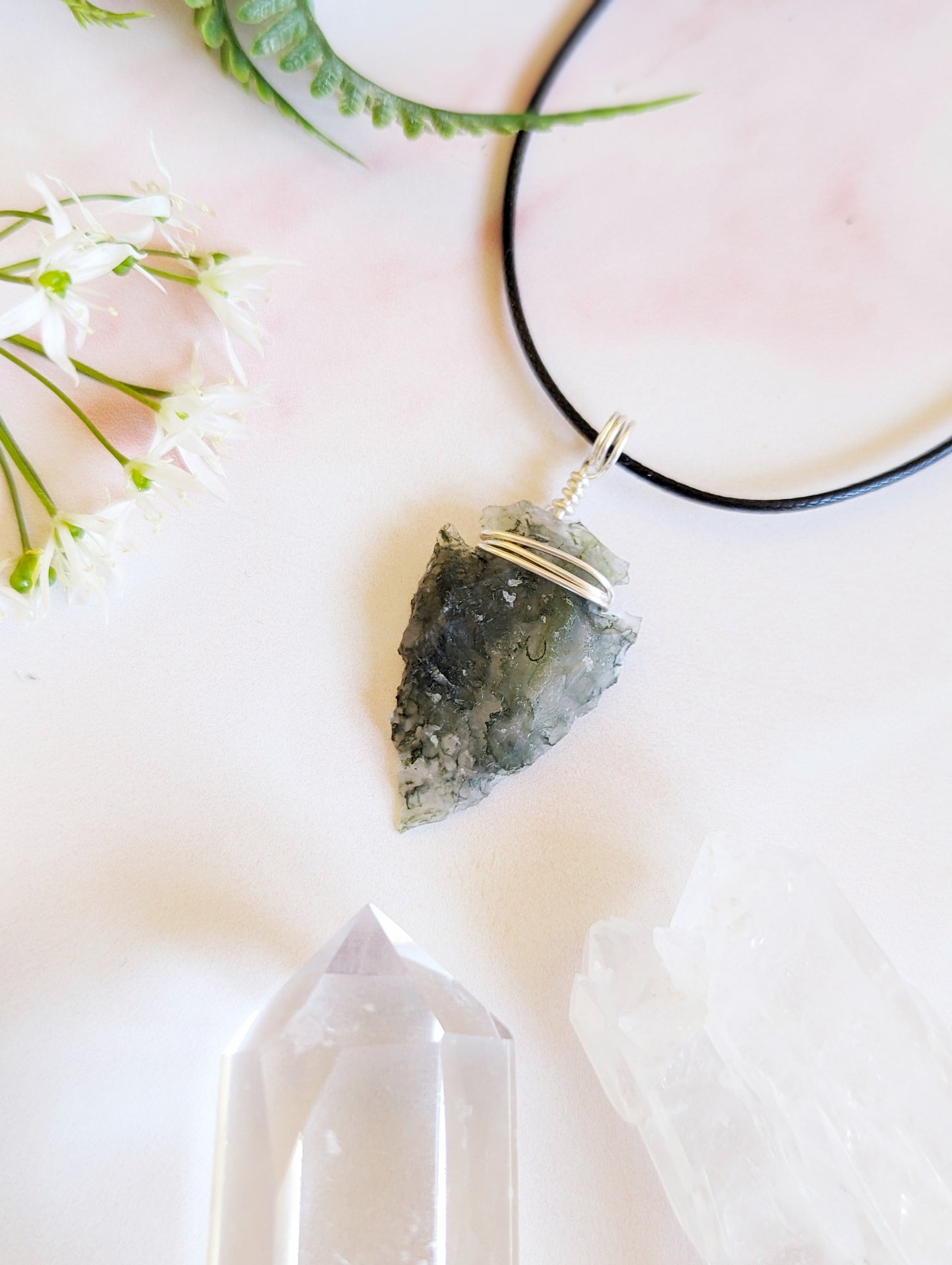 Moss Agate Arrowhead Crystal Necklace