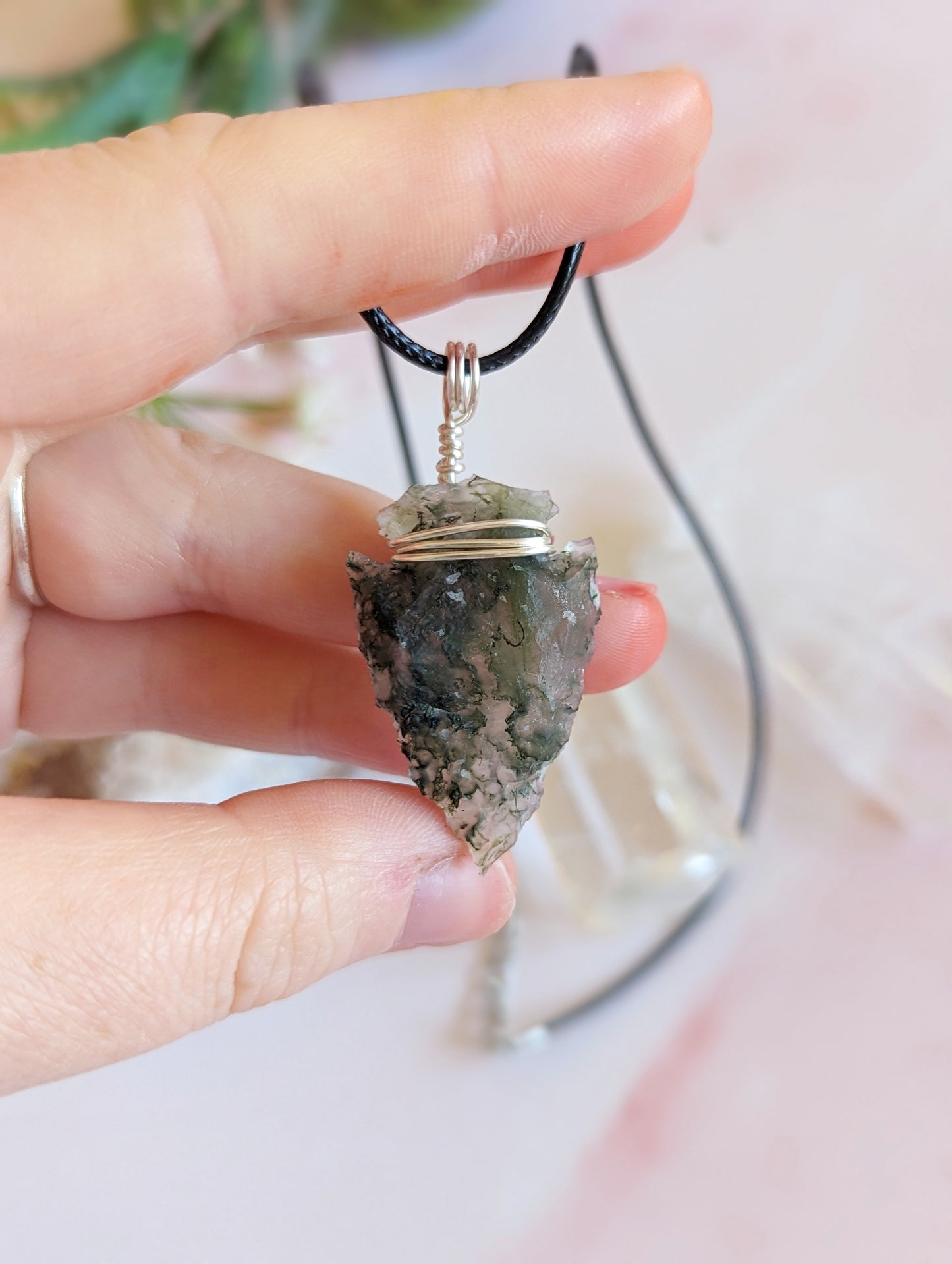 Moss Agate Arrowhead Crystal Necklace