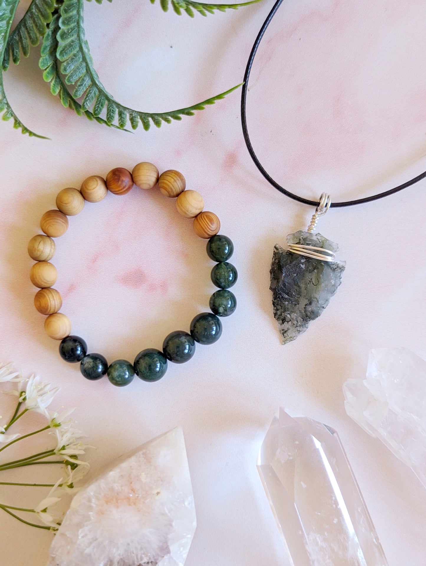 Moss Agate Arrowhead Crystal Necklace