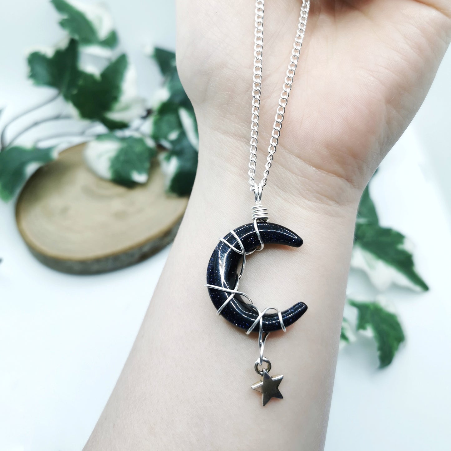 Blue Goldstone Moon Necklace