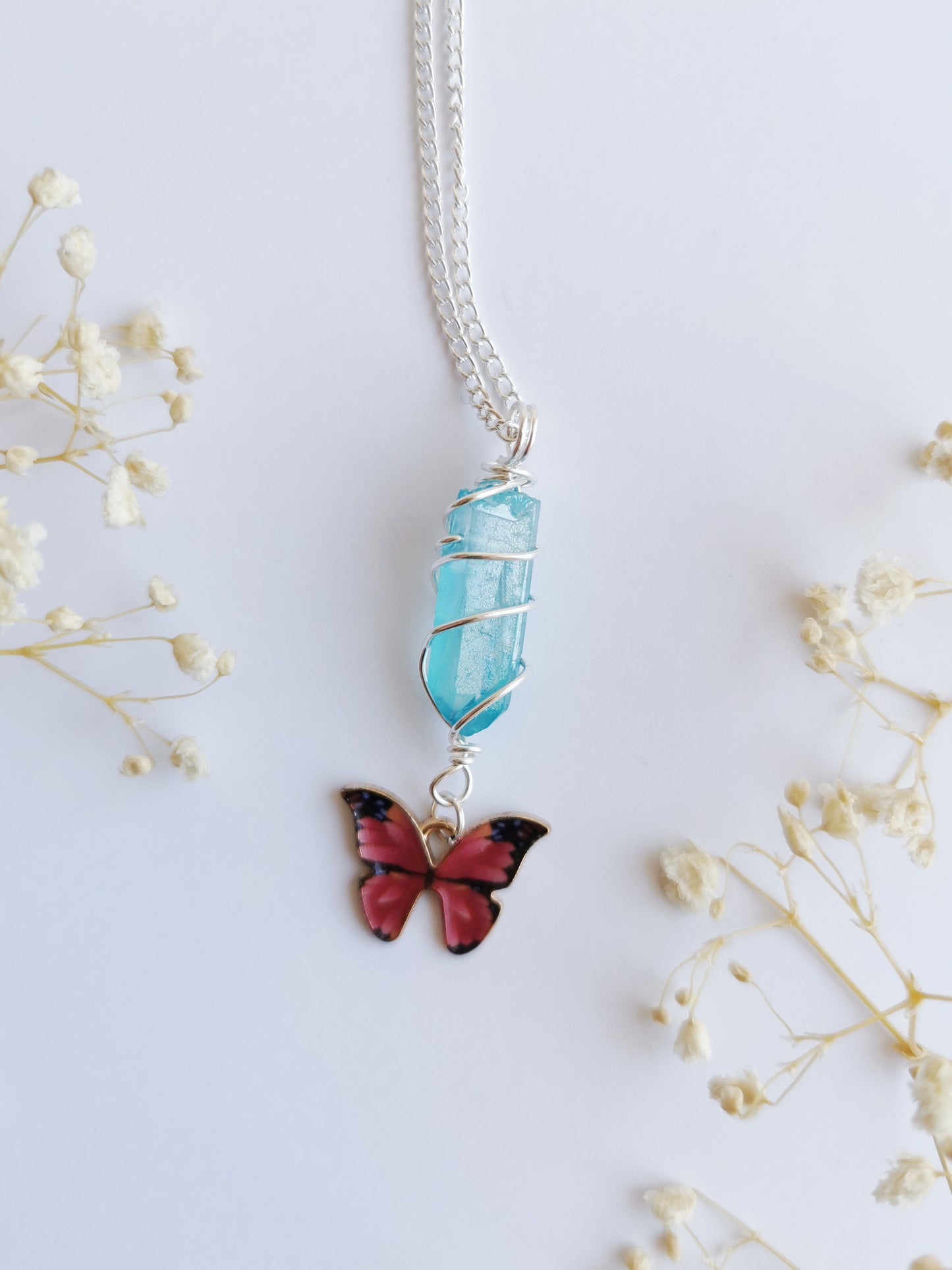 Butterfly and Aura Quartz Necklace