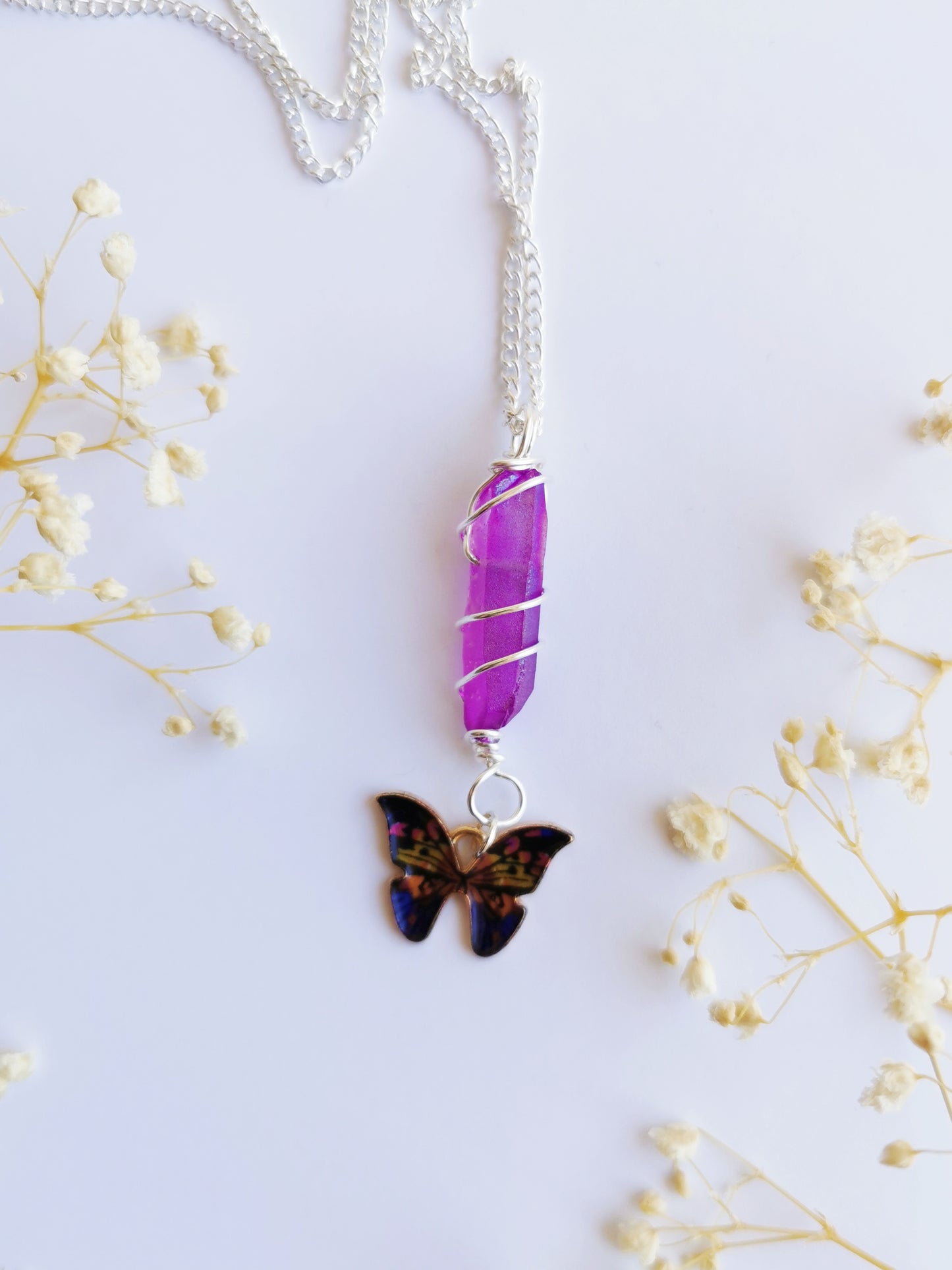 Butterfly and Aura Quartz Necklace