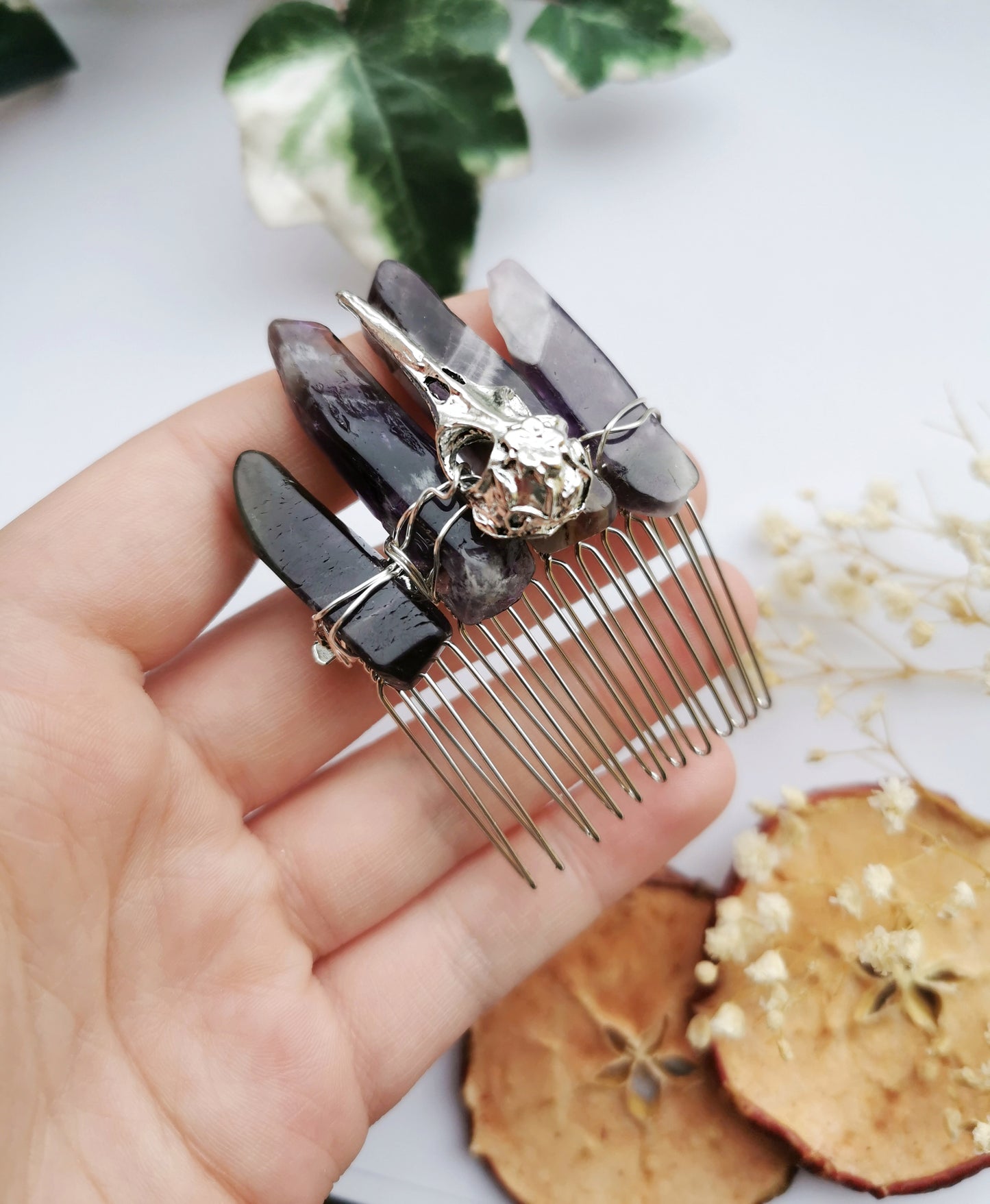 Amethyst and Raven Skull Comb