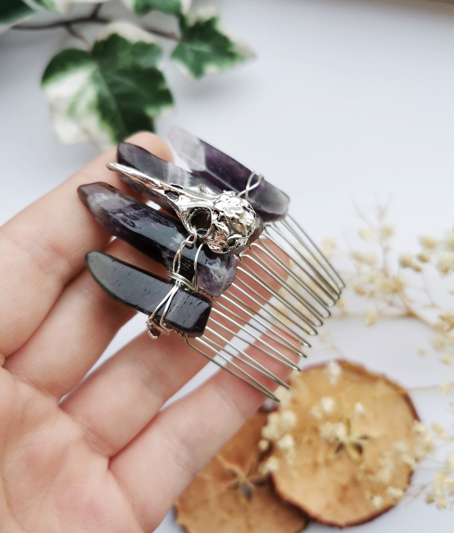 Amethyst and Raven Skull Comb