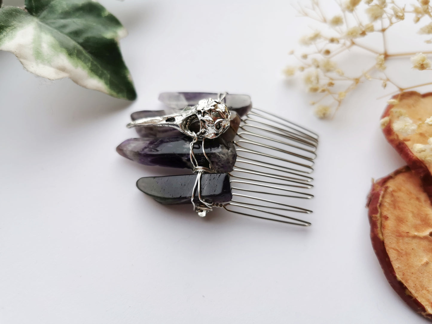 Amethyst and Raven Skull Comb