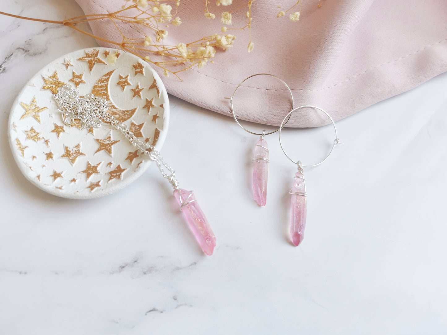 Pink Aura Quartz Hoop Earrings