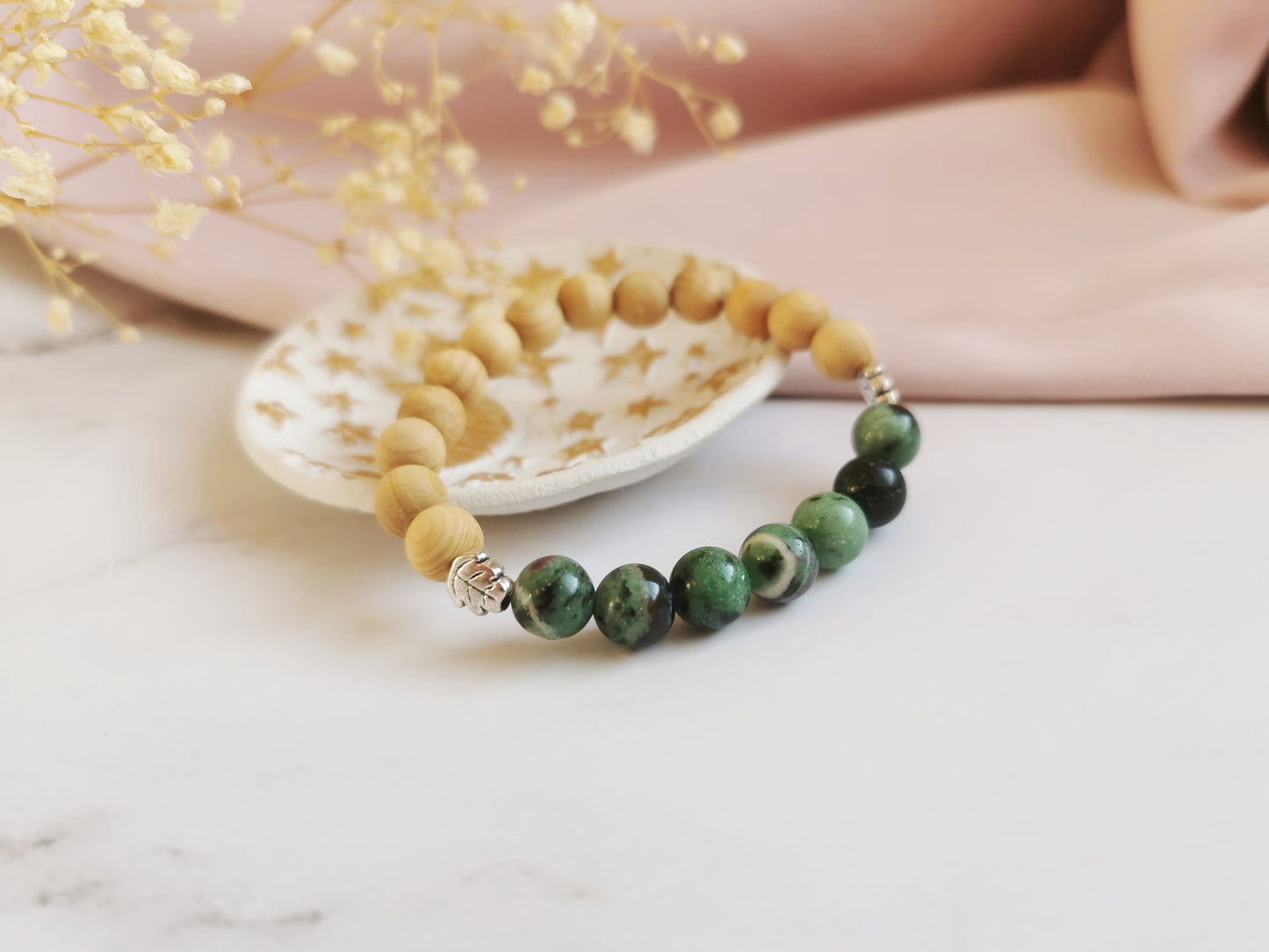 Ruby Zoisite and Cedarwood Leaf Bracelet