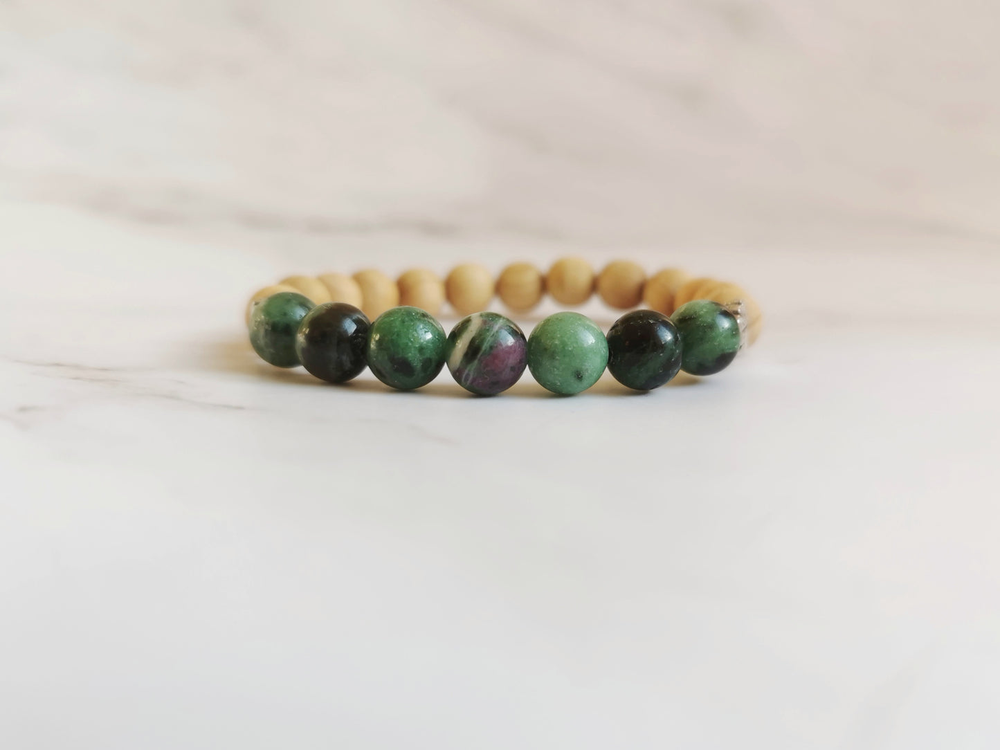 Ruby Zoisite and Cedarwood Leaf Bracelet
