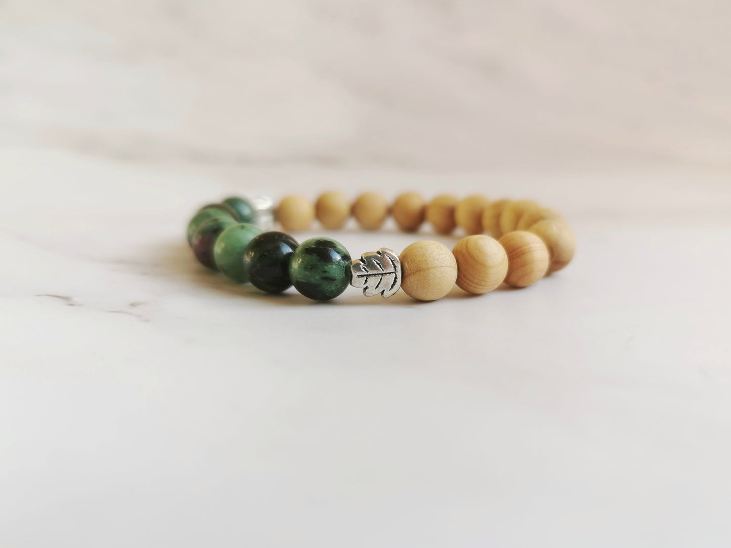 Ruby Zoisite and Cedarwood Leaf Bracelet
