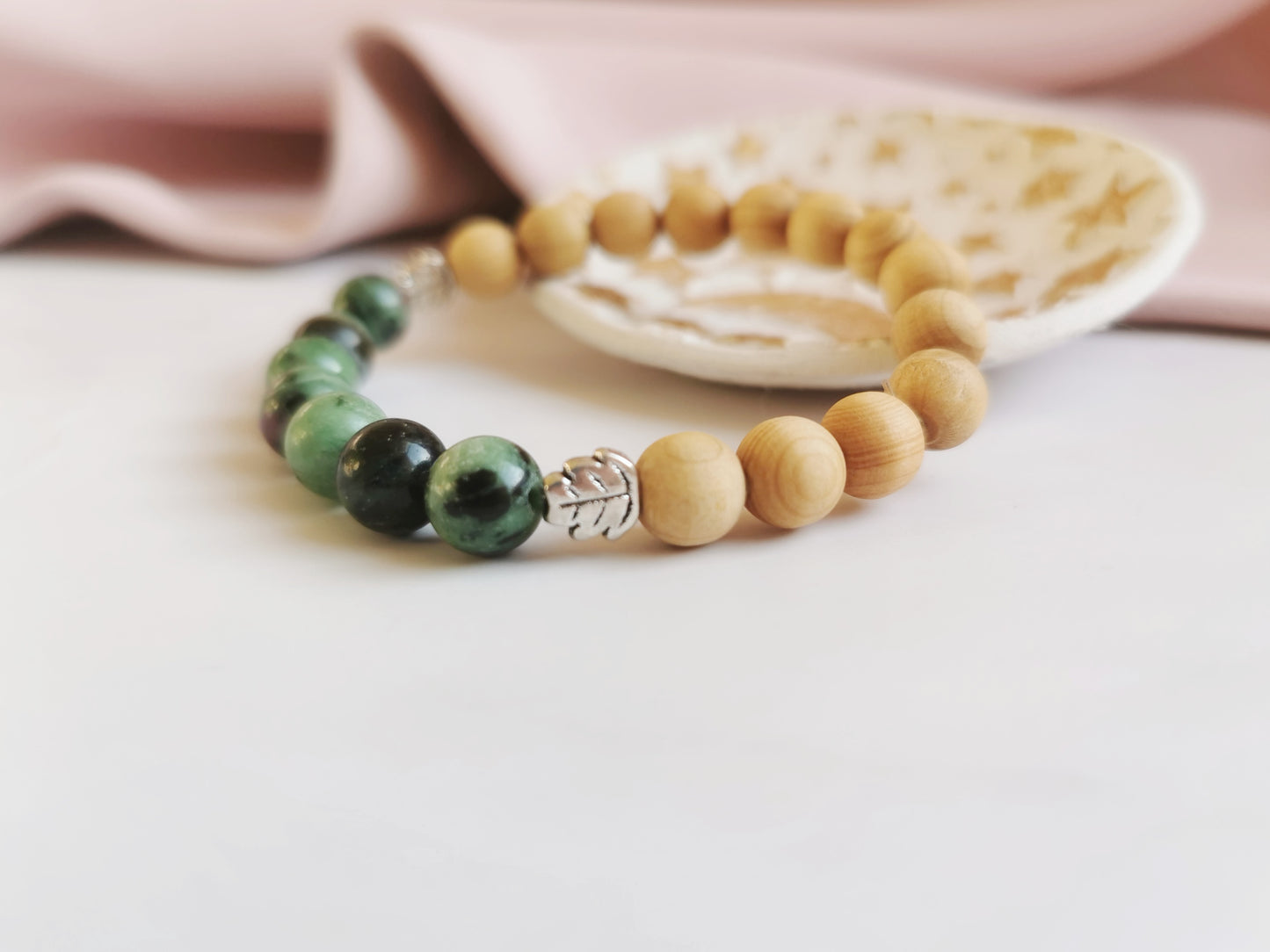 Ruby Zoisite and Cedarwood Leaf Bracelet