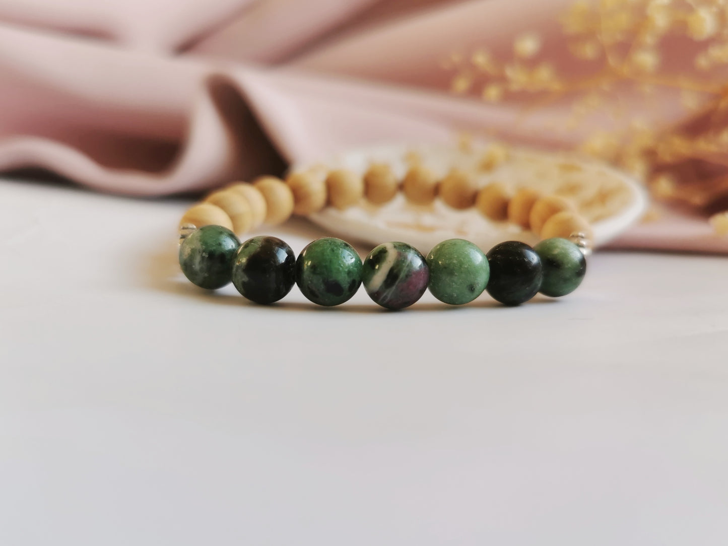Ruby Zoisite and Cedarwood Leaf Bracelet