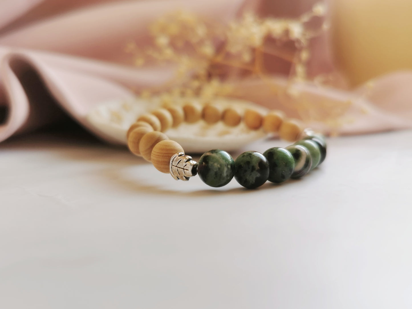 Ruby Zoisite and Cedarwood Leaf Bracelet