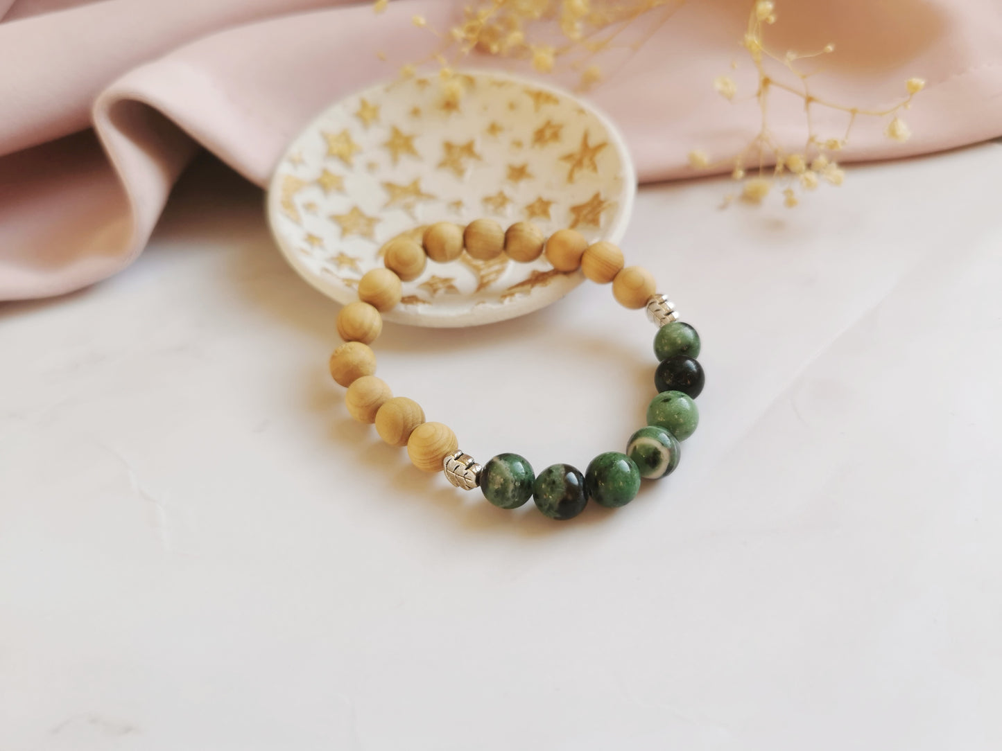 Ruby Zoisite and Cedarwood Leaf Bracelet