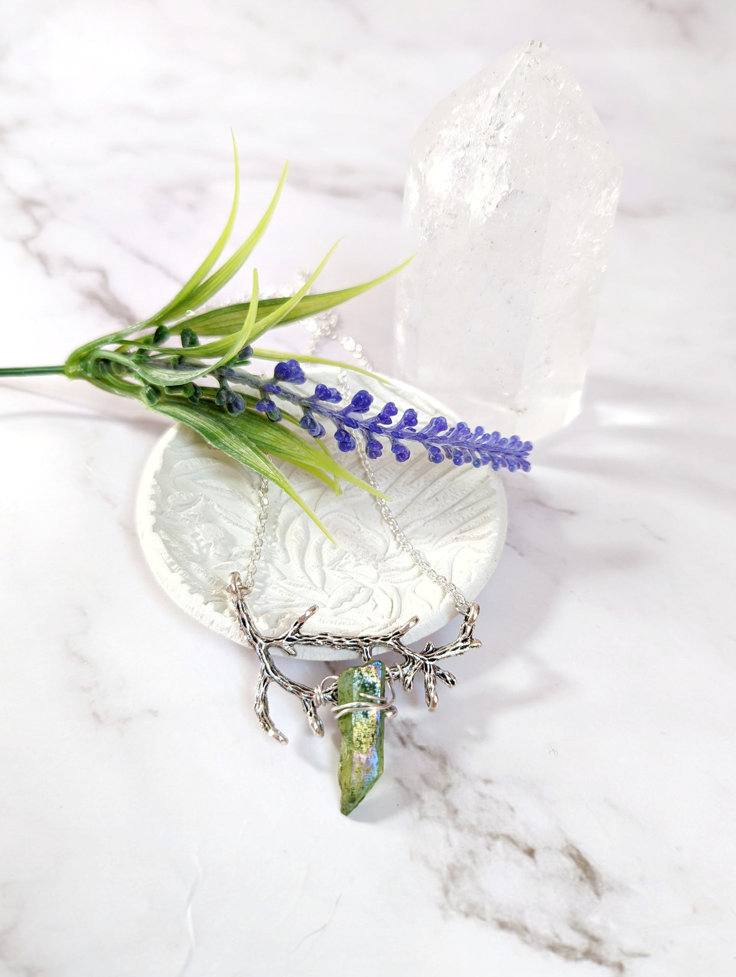 Branch and Green Aura Quartz Necklace