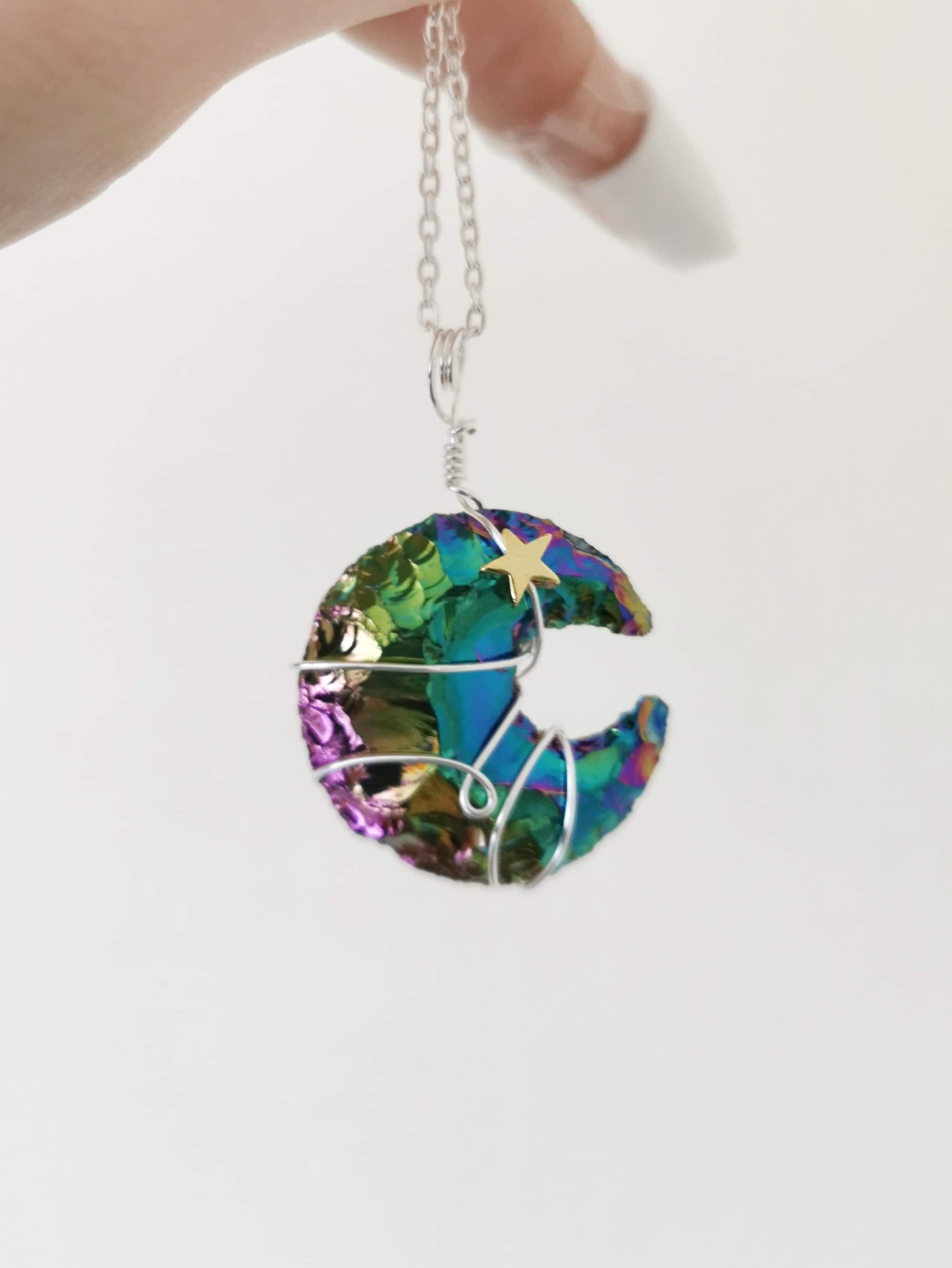 Obsidian Aura Quartz Moon Necklace
