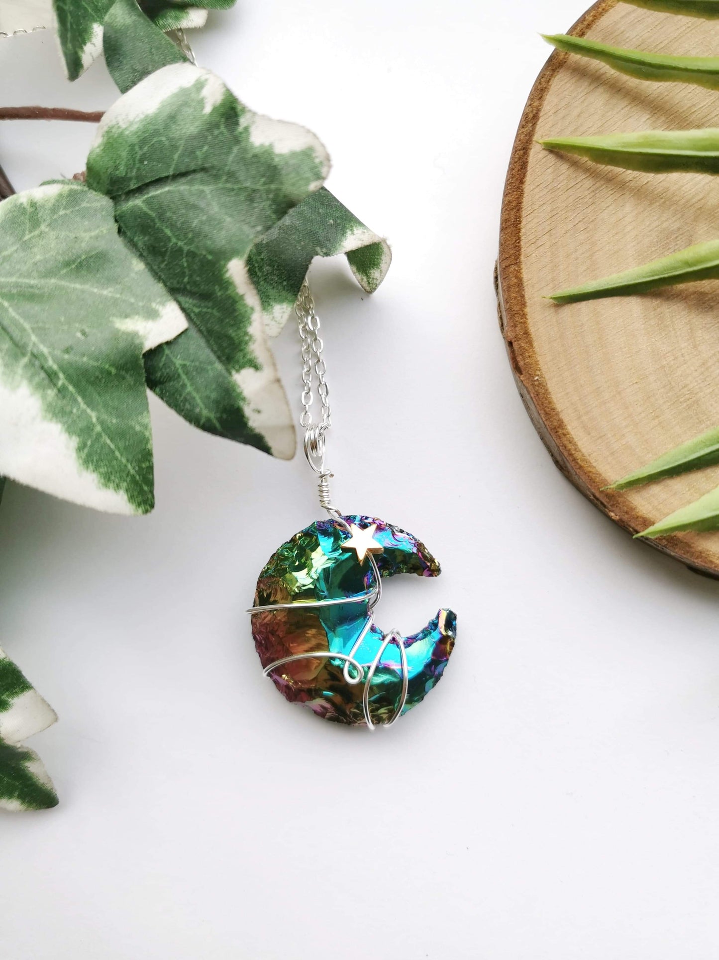 Obsidian Aura Quartz Moon Necklace