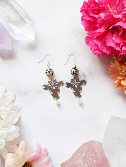 Dalmatian Jasper and Prehnite Cow Earrings