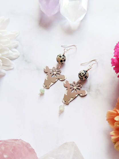 Dalmatian Jasper and Prehnite Cow Earrings