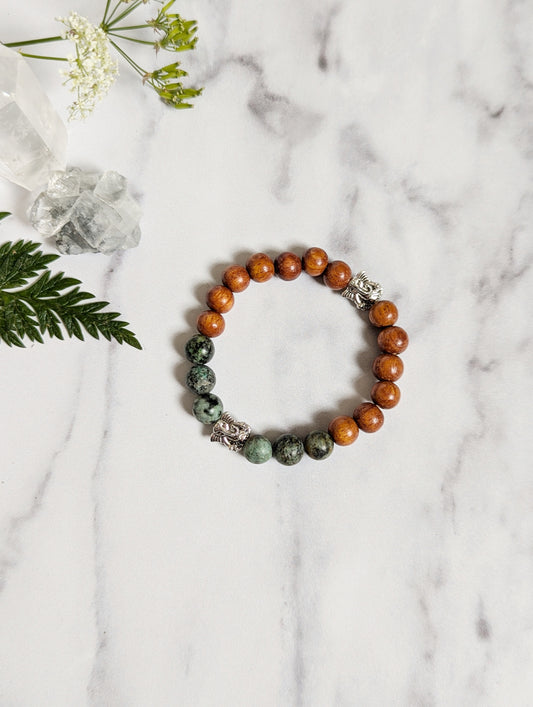 African Turquoise, Ganesh and Bayong Wood Diffuser Bracelet