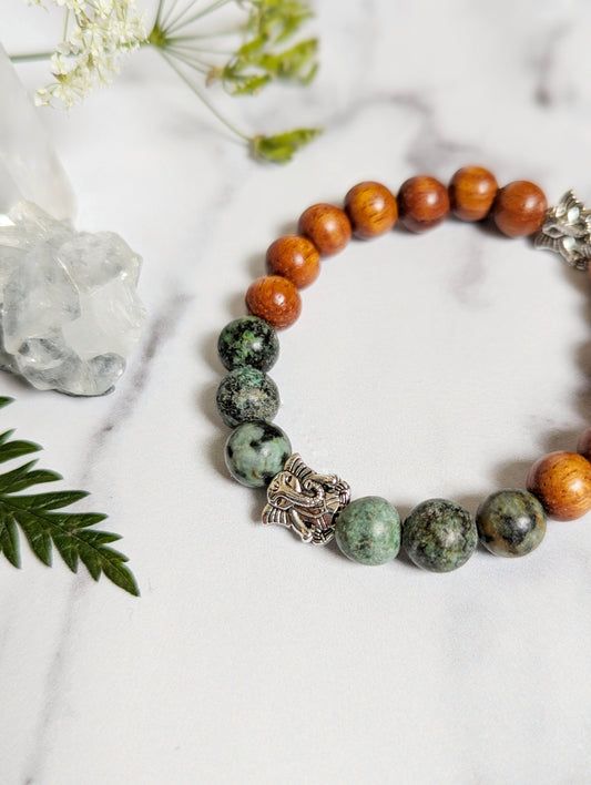 African Turquoise, Ganesh and Bayong Wood Diffuser Bracelet