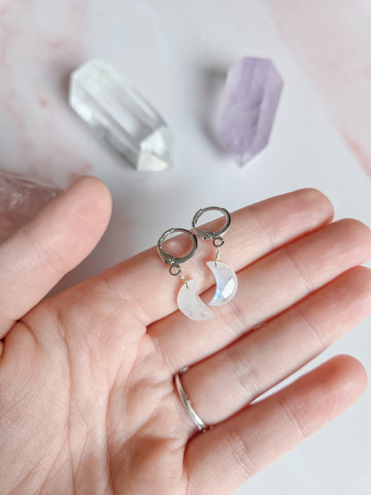 Moonstone Moon Huggie Earrings
