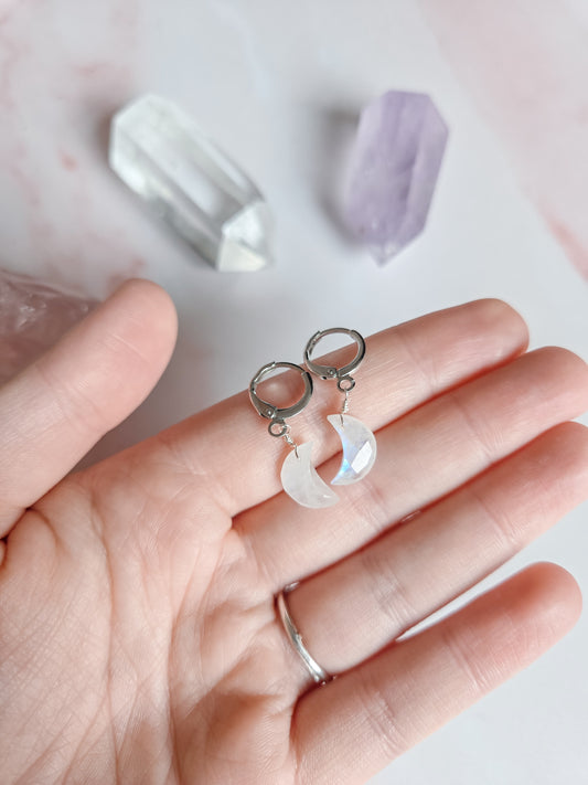 Moonstone Moon Huggie Earrings
