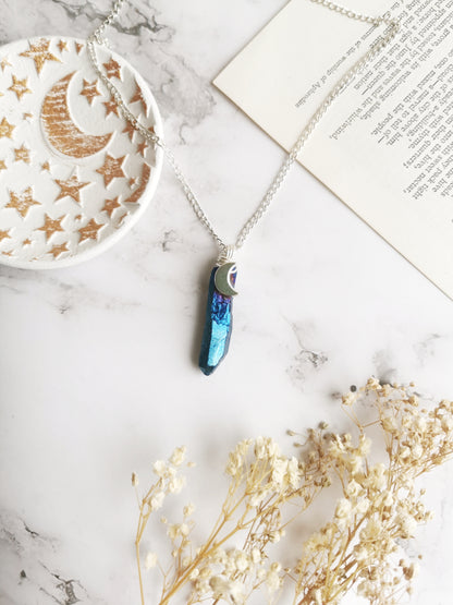 Cobalt Aura Quartz Moon Necklace