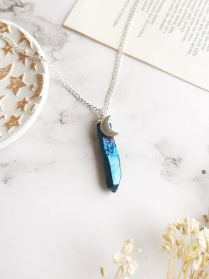 Cobalt Aura Quartz Moon Necklace