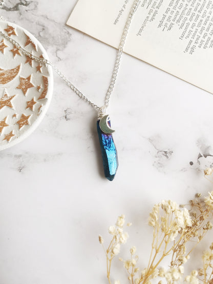 Cobalt Aura Quartz Moon Necklace