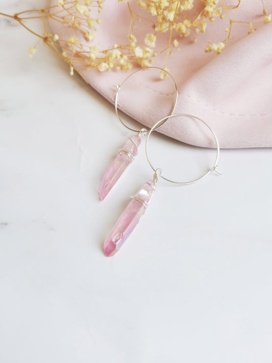 Pink Aura Quartz Hoop Earrings
