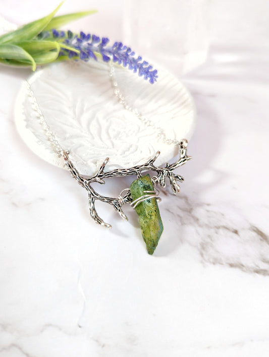 Branch and Green Aura Quartz Necklace