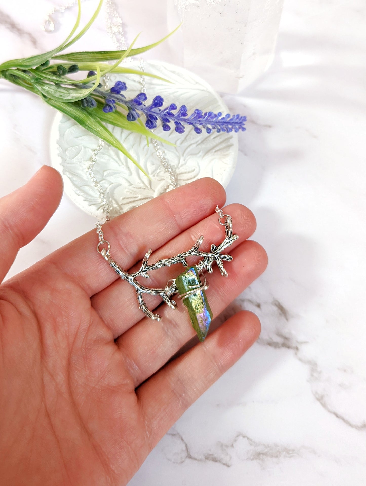 Branch and Green Aura Quartz Necklace