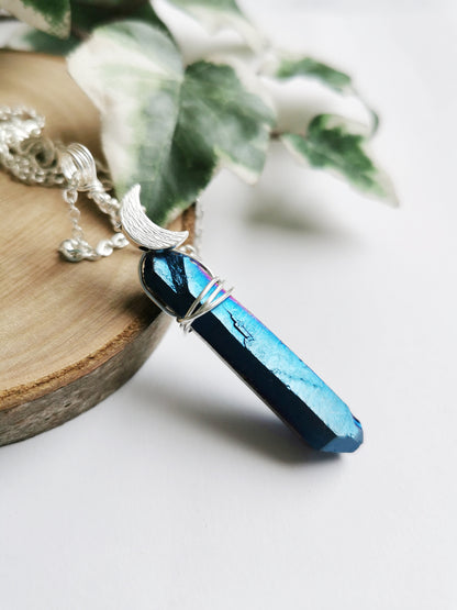 Cobalt Aura Quartz Moon Necklace