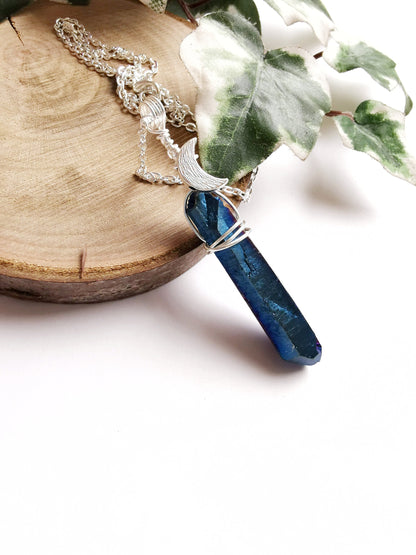 Cobalt Aura Quartz Moon Necklace