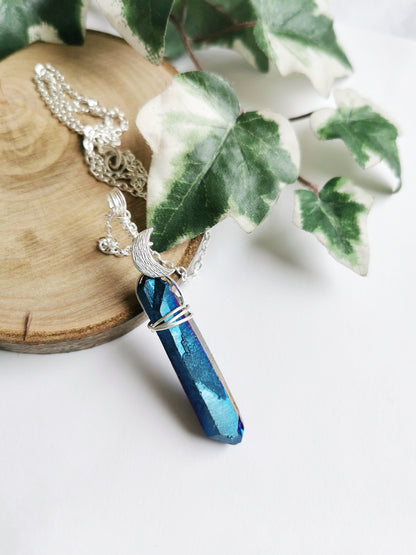 Cobalt Aura Quartz Moon Necklace