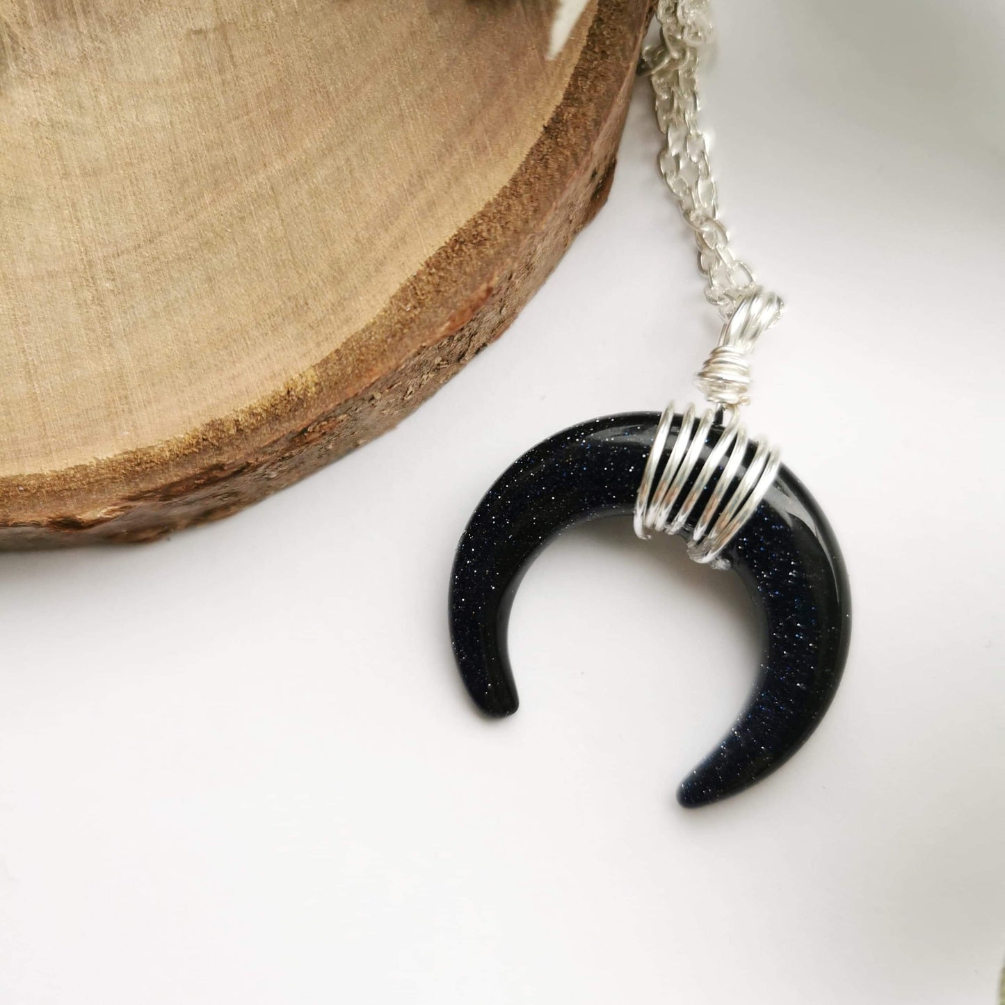 Blue Goldstone Crescent Moon Necklace